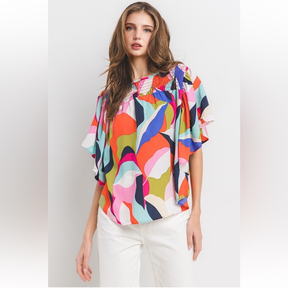 09 Boho Multicolor Print Smocking Blouse - Picture 2 of 6